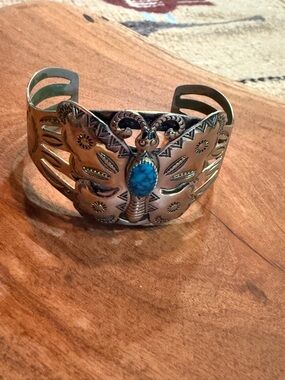 🦋 Vintage Bell Trading Post Turquoise Butterfly Cuff Bracelet Sterling Silver